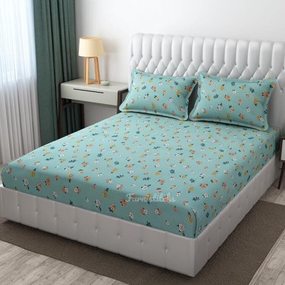 aaho decor 300 TC Cotton King Floral Fitted (Elastic) Bedsheet(Pack of 1, Sea Green Florets)