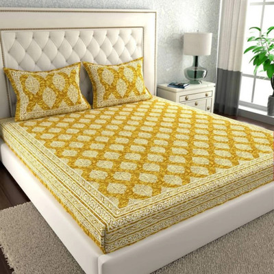 COZYKO 144 TC Cotton Double Jaipuri Prints Flat Bedsheet(Pack of 1, Mustard)