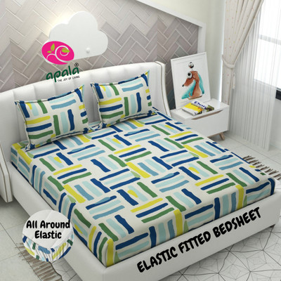 Apala 250 TC Microfiber Double Self Design Fitted (Elastic) Bedsheet(Pack of 1, Sky)