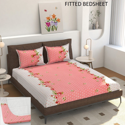 SUKHAURA Polycotton Double Fitted (Elastic) 230 TC Floral Bedsheet(Pack of 1, Multicolor)