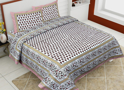 ROOP JYOTI Cotton Double Flat 180 TC Printed Bedsheet(Pack of 1, White)