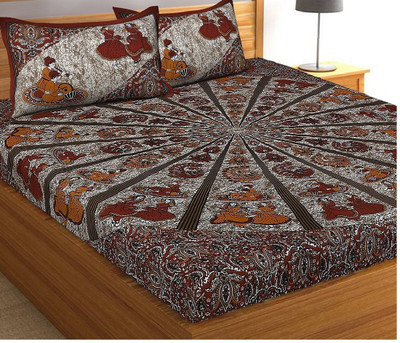 ayat collection 144 TC Cotton Double Jaipuri Prints Flat Bedsheet(Pack of 1, Grey)