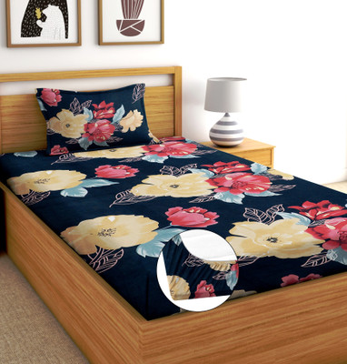 Shruvis Ekart 240 TC Cotton Single Printed Fitted (Elastic) Bedsheet(Pack of 1, Black, Yellow)
