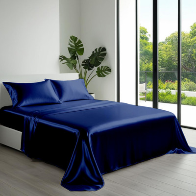 Indian Kingdom Satin King Flat 400 TC Solid Bedsheet(Pack of 1, Navy)
