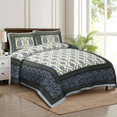 CLOTHOLOGY Cotton King Flat 240 TC Jaipuri Prints Bedsheet(Pack of 1, Blue, Green)