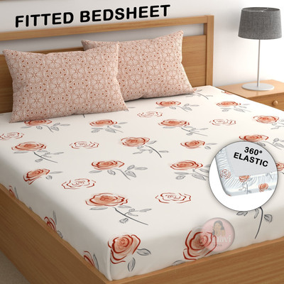 CHHAVI INDIA 210 TC Microfiber Double Printed Fitted (Elastic) Bedsheet(Pack of 1, Peach & Orange)