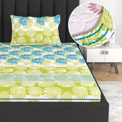 Divine Casa Cotton Single Fitted (Elastic) 144 TC Abstract Bedsheet(Pack of 1, Green Onion)