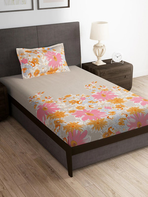 Story@home 180 TC Microfiber Single Printed Flat Bedsheet(Pack of 1, Beige & Pink)