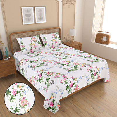 HappyKraft Microfiber Double Flat 144 TC Floral Bedsheet(Pack of 1, White, Pink)