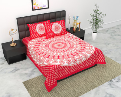 Navkar Creation 104 TC Cotton Double Jaipuri Prints Flat Bedsheet(Pack of 1, Red)