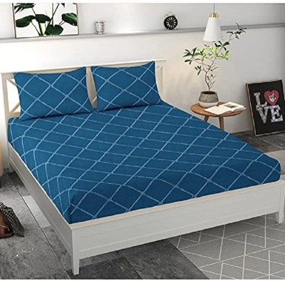 TURIYA 180 TC Microfiber Double Geometric Fitted (Elastic) Bedsheet(Pack of 1, Peacock Blue)