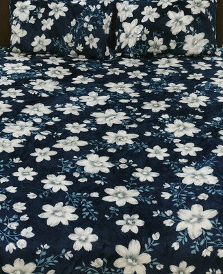 Neelkanthayaye Fleece Queen Flat 150 TC Floral Bedsheet(Pack of 1, Blue and white)