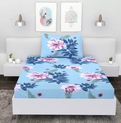 TURIYA Microfiber Single Flat 180 TC Floral Bedsheet(Pack of 1, Blue)