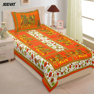 Jeevat Cotton Single Flat 144 TC Printed Bedsheet(Pack of 1, Orange)