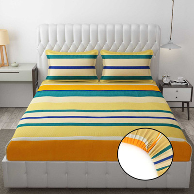 manvicreations 220 TC Cotton Double Striped Fitted (Elastic) Bedsheet(Pack of 1, Glace Cotton King Size Elastic Bedsheet with 2 Pillow Cover 72x78x8 Inch)