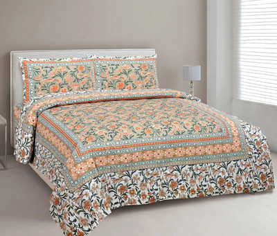 CLOTHOLOGY Cotton King Flat 240 TC Jaipuri Prints Bedsheet(Pack of 1, White, Peach, orange,)