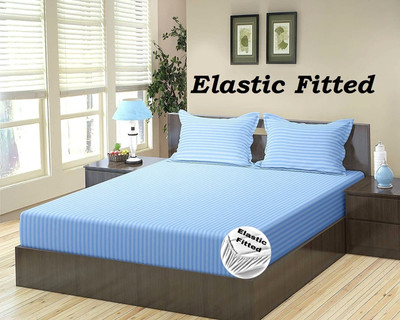 HOMYBEES Cotton Double Fitted (Elastic) 300 TC Striped Bedsheet(Pack of 1, Sky Blue)
