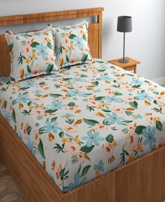 LinenHeads 220 TC Cotton Single Floral Flat Bedsheet(Pack of 1, White)