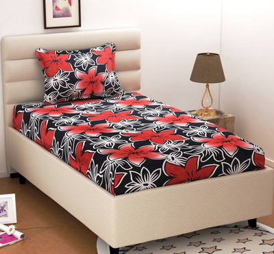 BEVI 280 TC Microfiber Single Floral Fitted & Flat Bedsheet(Pack of 1, Red And White)