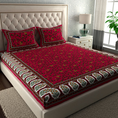 Cosito 144 TC Cotton Double Jaipuri Prints Flat Bedsheet(Pack of 1, Dark Red)