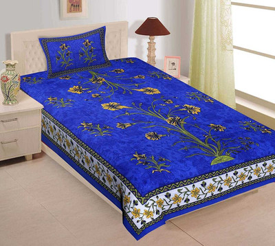 Xara 144 TC Cotton Single Jaipuri Prints Flat Bedsheet(Pack of 1, Blue)