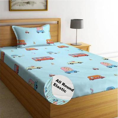 New leaf 200 TC Cotton Single Cartoon Fitted (Elastic) Bedsheet(Pack of 1, Multicolor)