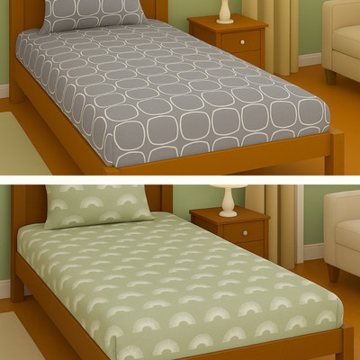 Lzyhome Cotton Single Fitted (Elastic) 310 TC Printed Bedsheet(Pack of 2, Grey&Light Green)