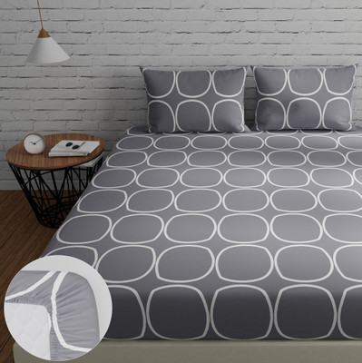 Huesland Cotton King Fitted (Elastic) 144 TC Geometric Bedsheet(Pack of 1, Grey)