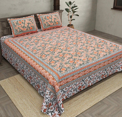 BharatLinen Cotton King Flat 260 TC Jaipuri Prints Bedsheet(Pack of 1, Peach, Green, Orange, Grey)
