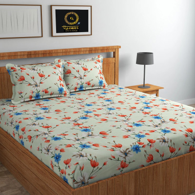 GLORIES 210 TC Cotton King Printed Fitted (Elastic) Bedsheet(Pack of 1, WHITE GREEN)