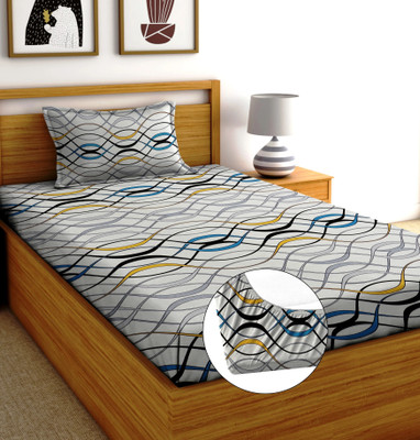 Shruvis Ekart Cotton Single Fitted (Elastic) 240 TC Printed Bedsheet(Pack of 1, White)