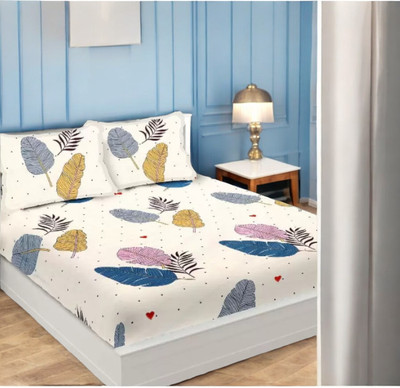 HOMYBEES 300 TC Cotton Double Abstract Fitted (Elastic) Bedsheet(Pack of 1, White)
