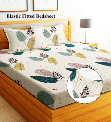 Moonroof 255 TC Cotton King Printed Fitted (Elastic) Bedsheet(Pack of 1, White Pankh)