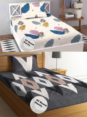Nt@ub 210 TC Cotton Single Printed Fitted (Elastic) Bedsheet(Pack of 2, Cream Leaf, Black Diamond)