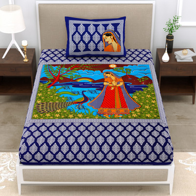 HOMEQUIPO 104 TC Cotton Single Jaipuri Prints Flat Bedsheet(Pack of 1, Blue)