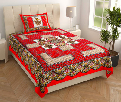 BharatLinen 144 TC Cotton Single Jaipuri Prints Flat Bedsheet(Pack of 1, Red)