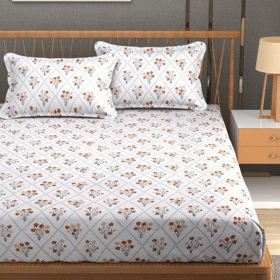 Homefab India 210 TC Cotton Double Floral Flat Bedsheet(Pack of 1, White, Brown)