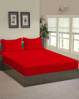 Jaipurlinen Cotton Queen Fitted (Elastic) 220 TC Striped Bedsheet(Pack of 1, Red)