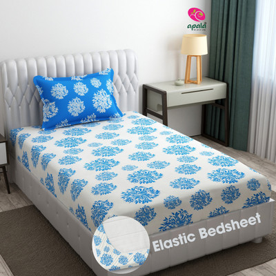 Apala 280 TC Microfiber Single Floral Fitted (Elastic) Bedsheet(Pack of 1, White & Blue)