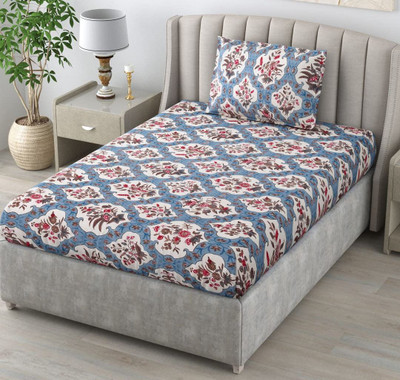 RRC 144 TC Microfiber Single Printed Fitted (Elastic) Bedsheet(Pack of 1, Blue, Red)