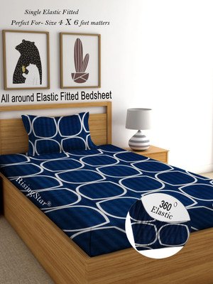 RisingStar 350 TC Cotton Single Abstract Fitted (Elastic) Bedsheet(Pack of 1, FITTED_BlueCheck)