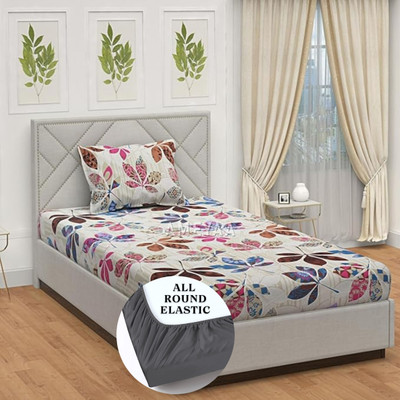 STYLISHUP 320 TC Microfiber, Cotton Single Printed Fitted (Elastic) Bedsheet(Pack of 1, GRAY)