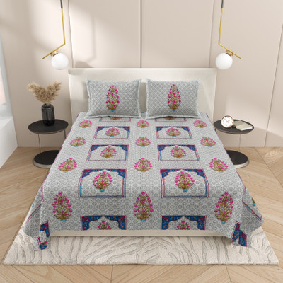 feya Cotton King Flat 180 TC Jaipuri Prints Bedsheet(Pack of 1, Blue Grey)