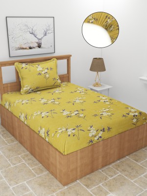 BREVARD 210 TC Polycotton Single Floral Fitted (Elastic) Bedsheet(Pack of 1, Light Green)