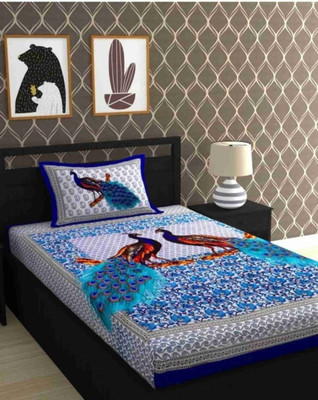 KAANY FAB Cotton Single Flat 144 TC Jaipuri Prints Bedsheet(Pack of 1, Blue)