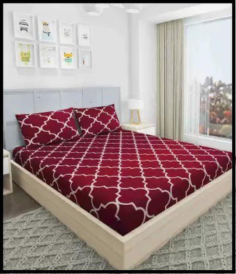 ROOMSTYLE Polycotton Double Fitted (Elastic) 144 TC Geometric Bedsheet(Pack of 1, RED CARPET)