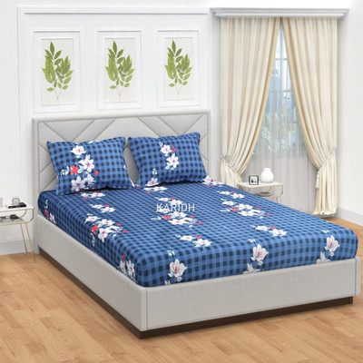 KARIDH 210 TC Cotton Double Printed Fitted (Elastic) Bedsheet(Pack of 1, Blue Box)