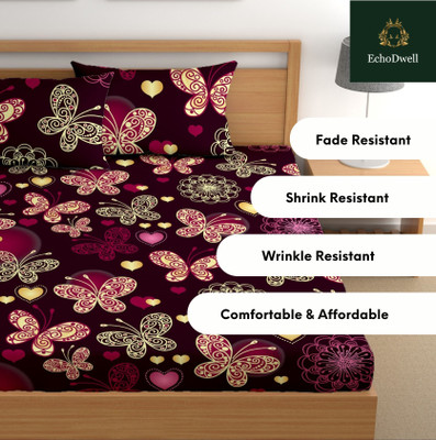 ikaan décor Cotton King Fitted (Elastic) 240 TC Printed Bedsheet(Pack of 1, Pink Butterfly)