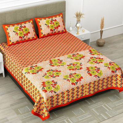 BharatLinen Cotton Super King Flat 300 TC Jaipuri Prints Bedsheet(Pack of 1, Orange)