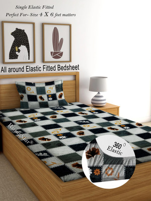 RisingStar 250 TC Cotton Single Striped Fitted (Elastic) Bedsheet(Pack of 1, Fitted_CheckBlack Grey)